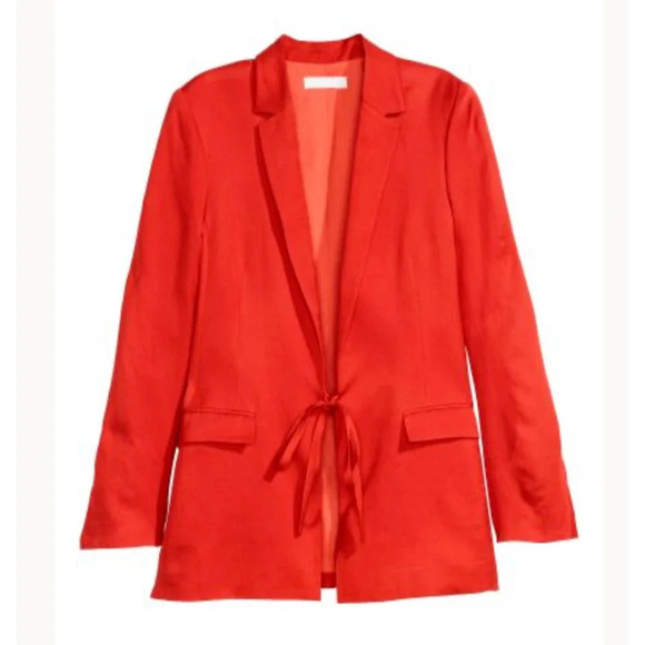 H&M Women’s Linen Blend Blazer Size 8 Red Tie Front Pockets - Picture 3 of 8